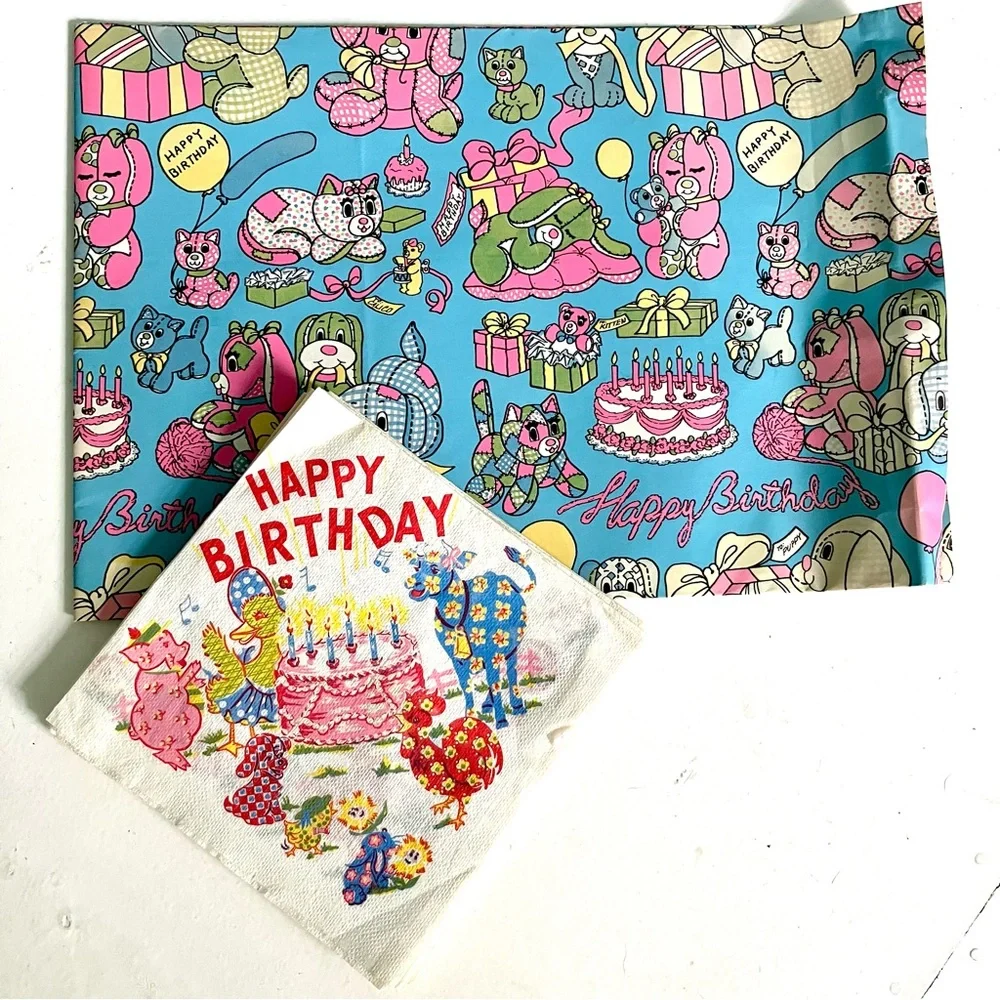 Vintage 60’s cute animals Happy Birthday wrapping paper sheets & napkins set